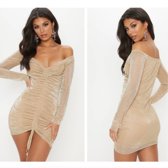 gold metallic plisse ruched front bardot bodycon dress Sparkly Gold Sweetheart Metallic Ruched High-Low Cocktail Homecoming Dress